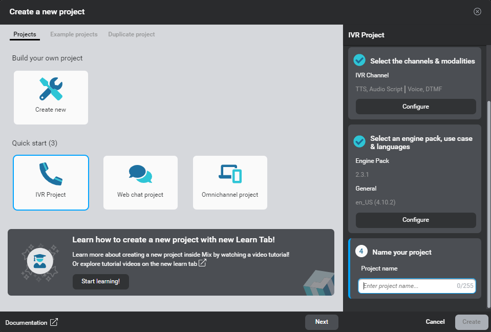 Create a project using Quick Start | Nuance Mix